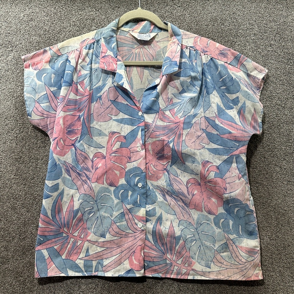Vintage Cape Cod Match Mates Blouse Top Women Large Tropical Palm Leaf Button Up